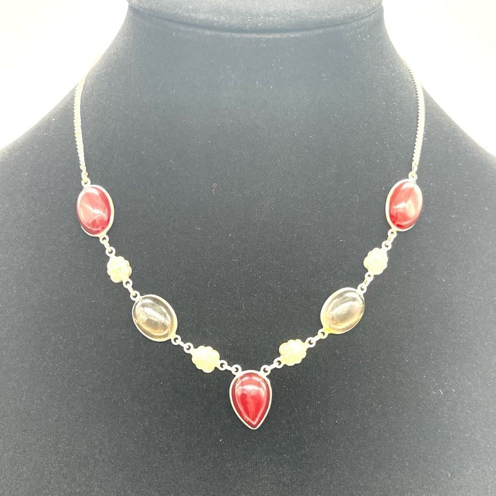 Necklace 925 Sterling with Red and Beige Jasper Stones